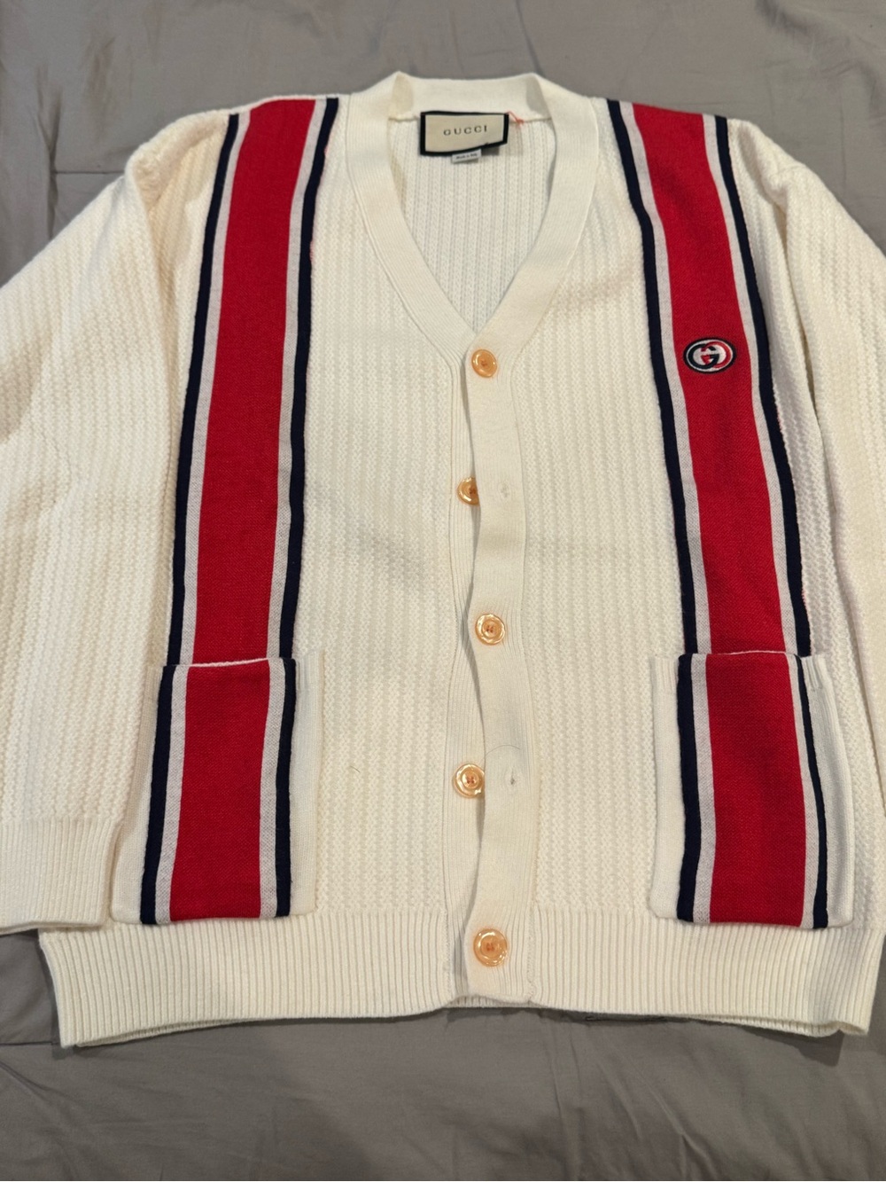 Gucci Cream Cardigan with Red and Navy Stripe